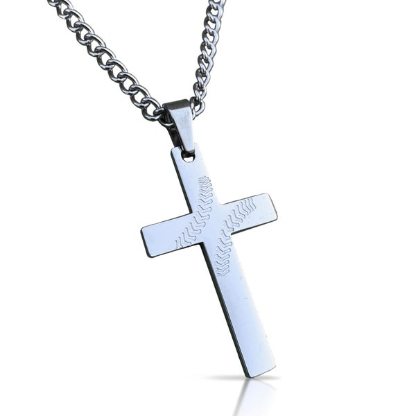 Baseball Cross Pendant With Chain Necklace - Stainless Steel - Engraving Available