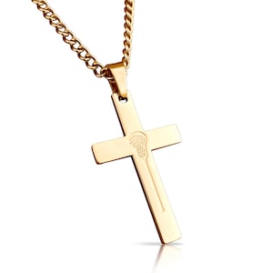 14K Gold Plated Lacrosse Cross Pendant With Chain Necklace - Stainless Steel - Engraving Available