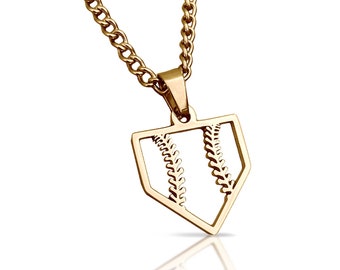 14K Gold Plated Home Plate Pendant With Chain Necklace - Stainless Steel