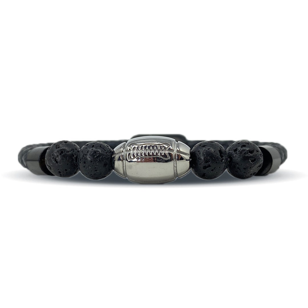 Football Leather Bracelet With Natural Lava Stones and Clasp
