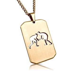 14K Gold Plated Wrestling Cut Out Pendant With Chain Necklace - Stainless Steel - Engraving Available