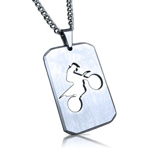 Motocross Cut Out Pendant With Chain Necklace - Stainless Steel - Engraving Available
