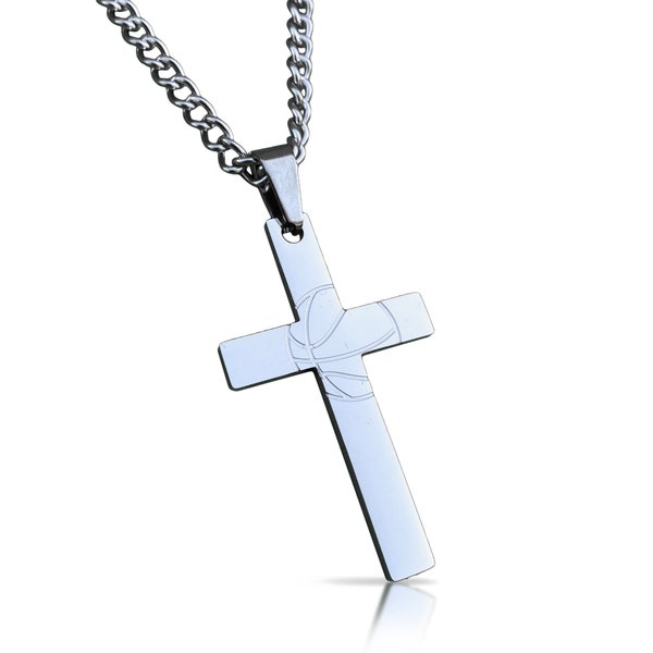 Basketball Cross Pendant With Chain Necklace - Stainless Steel - Engraving Available