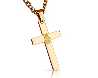 14K Gold Plated Dance Cross Pendant With Chain Necklace - Stainless Steel - Engraving Available