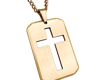 14K Gold Plated Cross Cut Out Pendant With Chain Necklace - Stainless Steel - Engraving Available