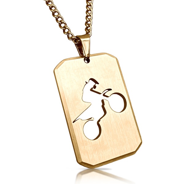 14K Gold Plated Motocross Cut Out Pendant With Chain Necklace - Stainless Steel - Engraving Available