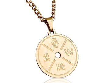 14K Gold Plated Barbell Plate Pendant With Chain Necklace - Stainless Steel