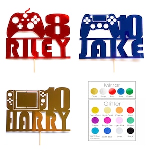 May include: Three cake toppers featuring a video game controller, a number, and a name. The first topper is red with a video game controller, the number 8, and the name Riley. The second topper is blue with a video game controller, the number 10, and the name Jake. The third topper is gold with a Nintendo Switch, the number 10, and the name Harry.
