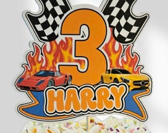 Racing Car Personalised Cake Topper Boys Birthday Celebration Sports Car Hot Flames Flags Wheels Any Name Age Personalisable