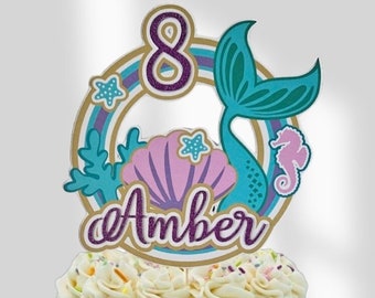 Mermaid Cake Topper Circle Any Name /Age Personalised Birthday Celebration non shed Glitter
