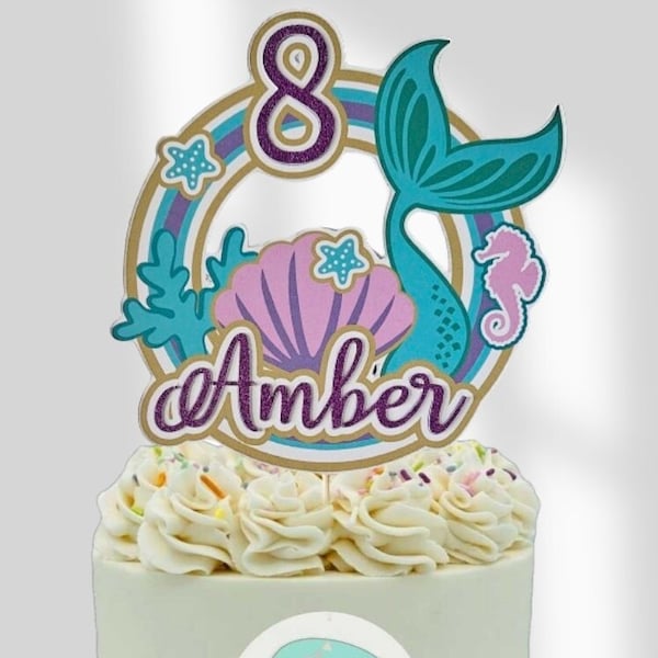 Mermaid Cake Topper Circle Any Name /Age Personalised Birthday Celebration non shed Glitter