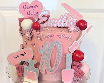 Pamper Party Cake Topper Set Any Name /Age Personalised Birthday Celebration Make Up non shed Glitter