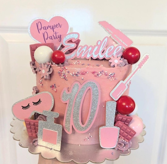 Pamper Party Cake Topper Set Any Name /Age Personalised Birthday Celebration Make Up non shed Glitter