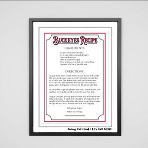 May include: A printable recipe card for Buckeyes, a peanut butter and chocolate candy. The recipe includes ingredients and directions for making the candy. The card is printed on white paper with black text and a red border.