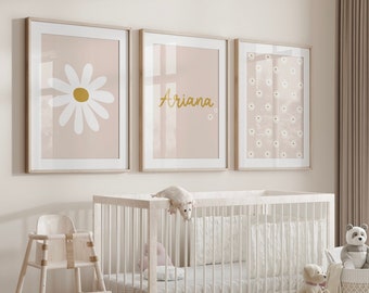 Daisy Nursery Prints, Nursery Wall Art, Daisy Prints, Kids Room Decor, Personalised Daisy Prints, Blush Pink Daisy Nursery, PRINT AT HOME