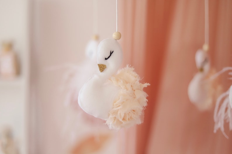 Swan Baby Nursery Mobile Baby girl mobile Swan nursery decor Crib mobile Cot mobile Baby girl nursery mobile Champagne & white image 2