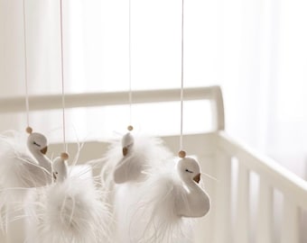 Swan Baby Mobile for Nursery, Handmade Swan Nursery Mobile, Baby Girl Nursery Decor, Baby Shower Gift