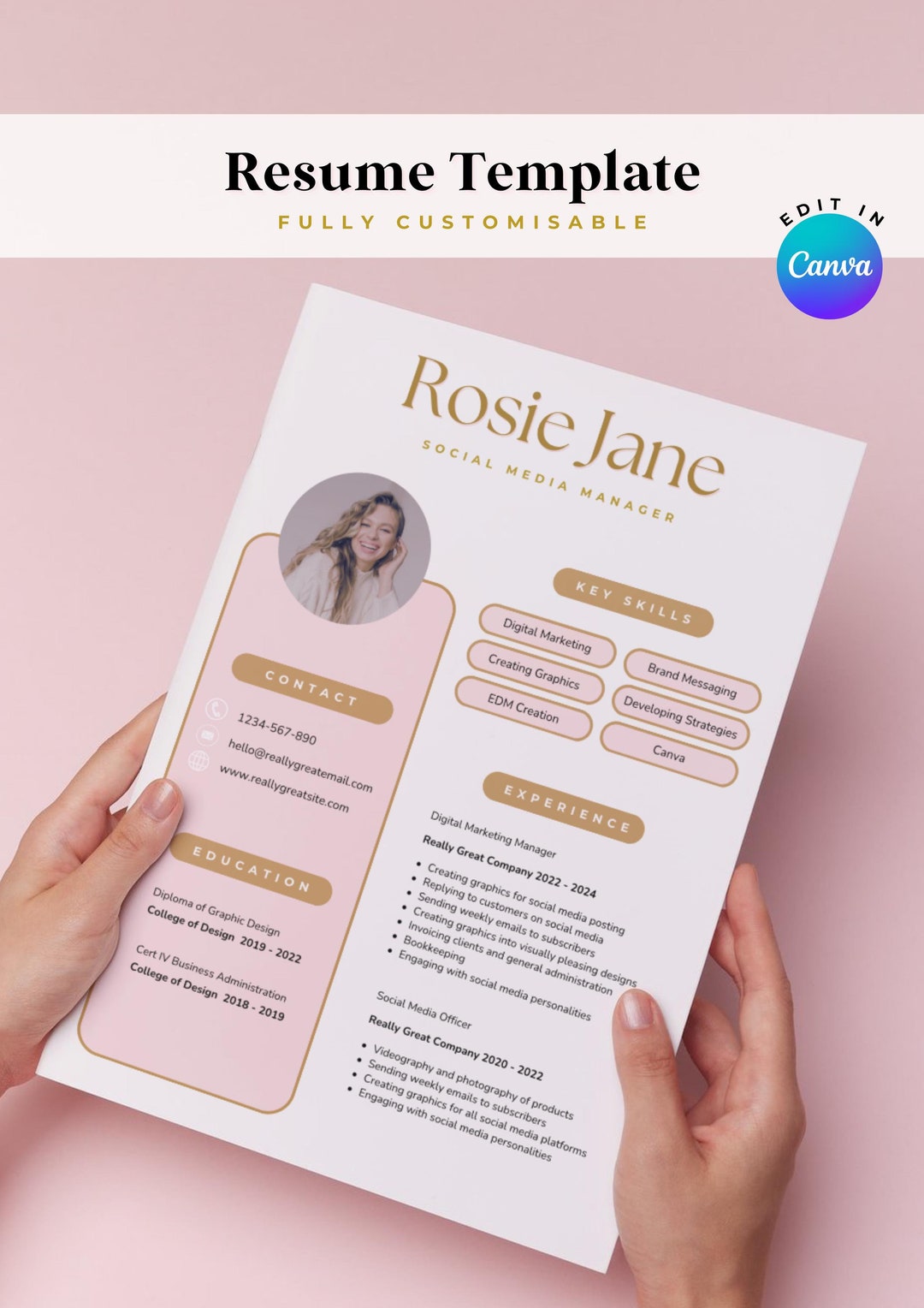 Creative Resume Template, Editable Modern CV Template for Canva ...