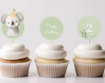 Koala Party Cupcake Topper Printable, Koala Birthday, Printable Cake topper, Green Party Theme, First Birthday decorations, PRINTABLE TOPPER