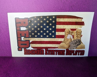 R.E.D. Red Remember Everyone Deployed, Flag with boots Vinyl Car Decal