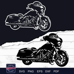 May include: Black and white motorcycle graphic with a fairing, saddlebags, and detailed engine components. The image includes a vector file logo and file type indicators: SVG, PNG, EPS, DXF, and PDF.