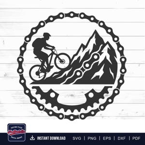 May include: A black graphic design featuring a silhouette of a person riding a mountain bike up a steep mountain slope, all enclosed within a circular bicycle chain border. Below the mountain, a gear cog is integrated into the chain design.