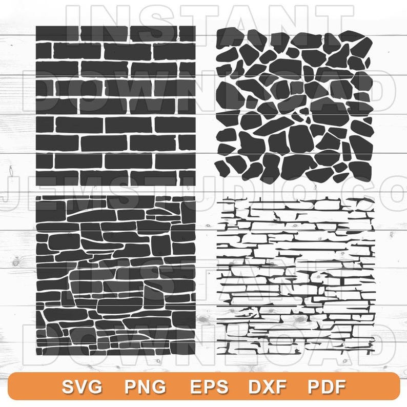 May include: A digital graphic featuring four different stone and brick wall textures in shades of gray and black. The textures include a brick wall, a cobblestone pattern, a stone wall, and a layered stone wall. The bottom of the image displays the file types: SVG, PNG, EPS, DXF, and PDF.