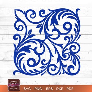 May include: A blue floral design with swirling leaves and curls, set against a white wood-grain background. The design is a vector file, available in SVG, PNG, EPS, DXF, and PDF formats. The logo for Jem Studio Co. is in the lower left corner.
