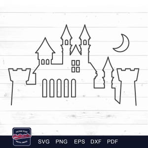 May include: A black line art digital illustration of a castle silhouette featuring multiple towers, arched windows, and a crescent moon. The graphic includes text at the bottom reading Vector Files, Tom Studio Co, Digital Images, SVG, PNG, EPS, DXF, PDF.