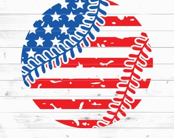 May include: A red, white, and blue baseball with a distressed American flag design. The baseball is outlined in white and has a white stitching pattern.