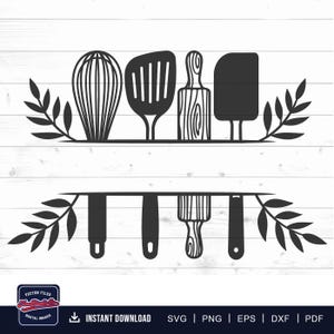May include: A black digital graphic design featuring a whisk, a slotted turner, a rolling pin, and a spatula arranged in a row, flanked by leaf sprigs. The design includes a horizontal split line with mirrored handles below.