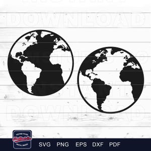 Könnte beinhalten: Zwei schwarz-weiße Erdkugel-Illustrationen. Die Kontinente sind innerhalb einer kreisförmigen Umrandung schwarz gefüllt. Das Bild enthält den Text "SVG PNG EPS DXF PDF" und ein Logo mit der Aufschrift "Vector Files Digital Images".