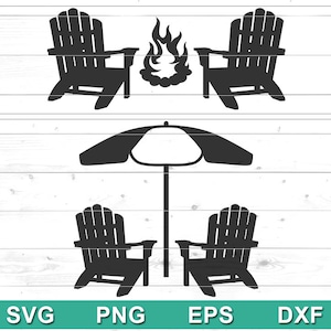 May include: Black silhouette images of Adirondack chairs, a campfire, and a beach umbrella. The image includes the text "SVG", "PNG", "EPS", and "DXF" at the bottom, suggesting digital design files.