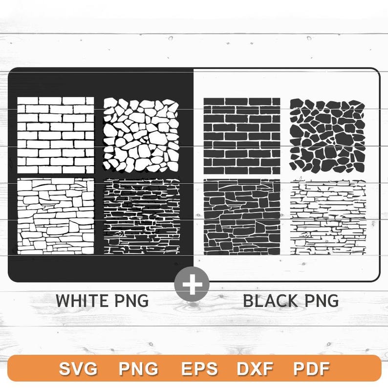 May include: Digital design elements featuring brick and stone textures in white and black PNG formats. Includes SVG, PNG, EPS, DXF, and PDF file types. The text "WHITE PNG" and "BLACK PNG" are visible.