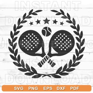 May include: A monochrome graphic featuring two crossed padel rackets and a ball, encircled by a laurel wreath and stars. The image includes the text "INSTANT DOWNLOAD" and file type options: SVG, PNG, EPS, DXF, PDF.