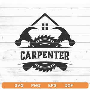 Puede incluir: Diseño de logotipo de silueta en blanco y negro de una sierra de carpintero, dos martillos y una casa con la palabra "CARPENTER" en una pancarta.