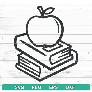 Peut inclure: Un dessin au trait noir et blanc d'une pile de livres surmontée d'une pomme. La pomme a une feuille sur la tige.