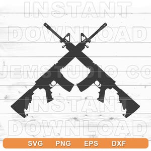 May include: Silhouette of two rifles crossed in an 'X' shape. The rifles are black and have a modern design.