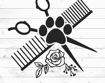 Könnte beinhalten: Schwarzweißes Silhouettendesign eines Pfotenabdrucks, zwei Scherenpaare und zwei Kämme. Das Design ist perfekt für einen Tierpfleger oder Hundeliebhaber.