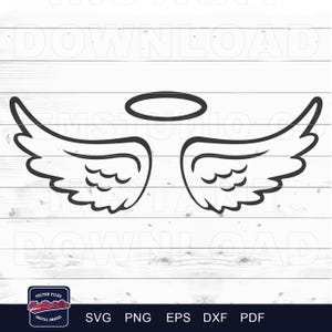May include: A black graphic of angel wings and a halo against a white wood-effect backdrop. The wings are detailed with curved lines, and the halo is a simple oval. File type options: SVG, PNG, EPS, DXF, and PDF are included.