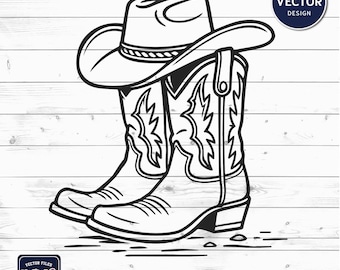 Cowboy Boots and Hat SVG - Western Line Art Cut File for Cricut, Country Rodeo PNG, Cowgirl Boots Vector