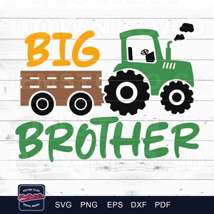 May include: A digital graphic featuring a green tractor pulling a brown trailer, with the words "BIG BROTHER" in orange and green. The design is on a white wood-grain background, suitable for various digital projects.