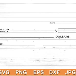 May include: A black and white cheque template with the words "Pay to the order of", "For", "Date", "£ Dollars" and blank lines for filling in the information.
