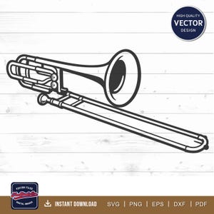 Puede incluir: Una ilustración vectorial en blanco y negro de un trombón, instrumento musical. El diseño presenta contornos marcados y un estilo gráfico limpio, mostrando el pabellón, la vara y los tubos del instrumento de viento metal en orientación horizontal.