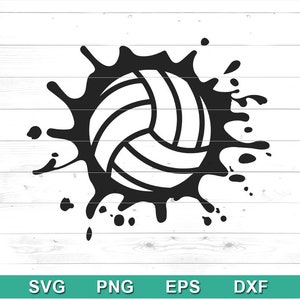 May include: Black and white silhouette of a volleyball with a splatter effect around it.