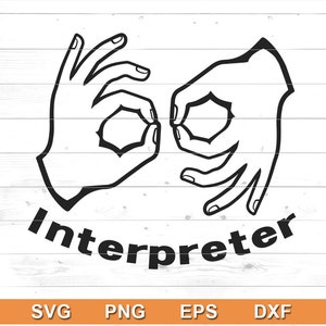 May include: Black and white line art illustration of two hands forming the American Sign Language symbol for "I". The text "Interpreter" is written in a curved arc below the hands.