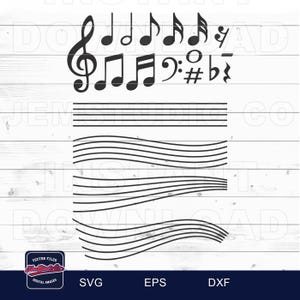 May include: Black musical notes, clef, and staff lines on a white background. The image includes various note types, a treble clef, a bass clef, and staff lines. The bottom of the image has the text "SVG", "EPS", and "DXF".