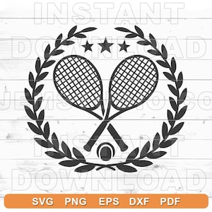 May include: Black and white silhouette of two tennis rackets crossed over each other with a tennis ball in the center. The rackets are surrounded by a wreath of leaves.