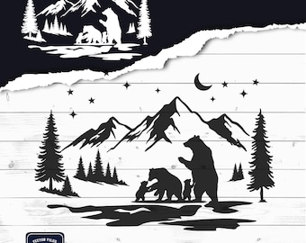 Familia de osos SVG - Oso en el bosque, oso y cachorro Svg - Cricut DIY, Silhouette Cameo, imprimible