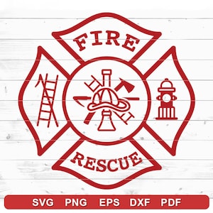 May include: Red fire rescue emblem with the words "FIRE" and "RESCUE" in a red cross shape. The center of the cross features a firefighter's helmet, axe, ladder, and fire hydrant.